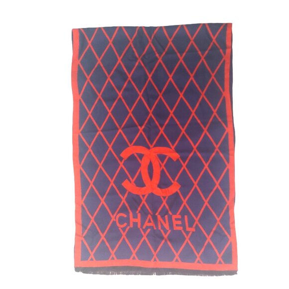 CHANEL Vintage Blue & Red Reversible Window Print Wrap Shawl Scarf w/ CC Logo - Picture 1 of 9